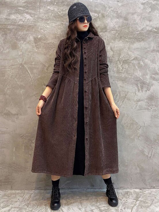 Meselling99 Vintage Solid Corduroy Lapel Dress-Maxi Dress-Free Shipping at meselling99