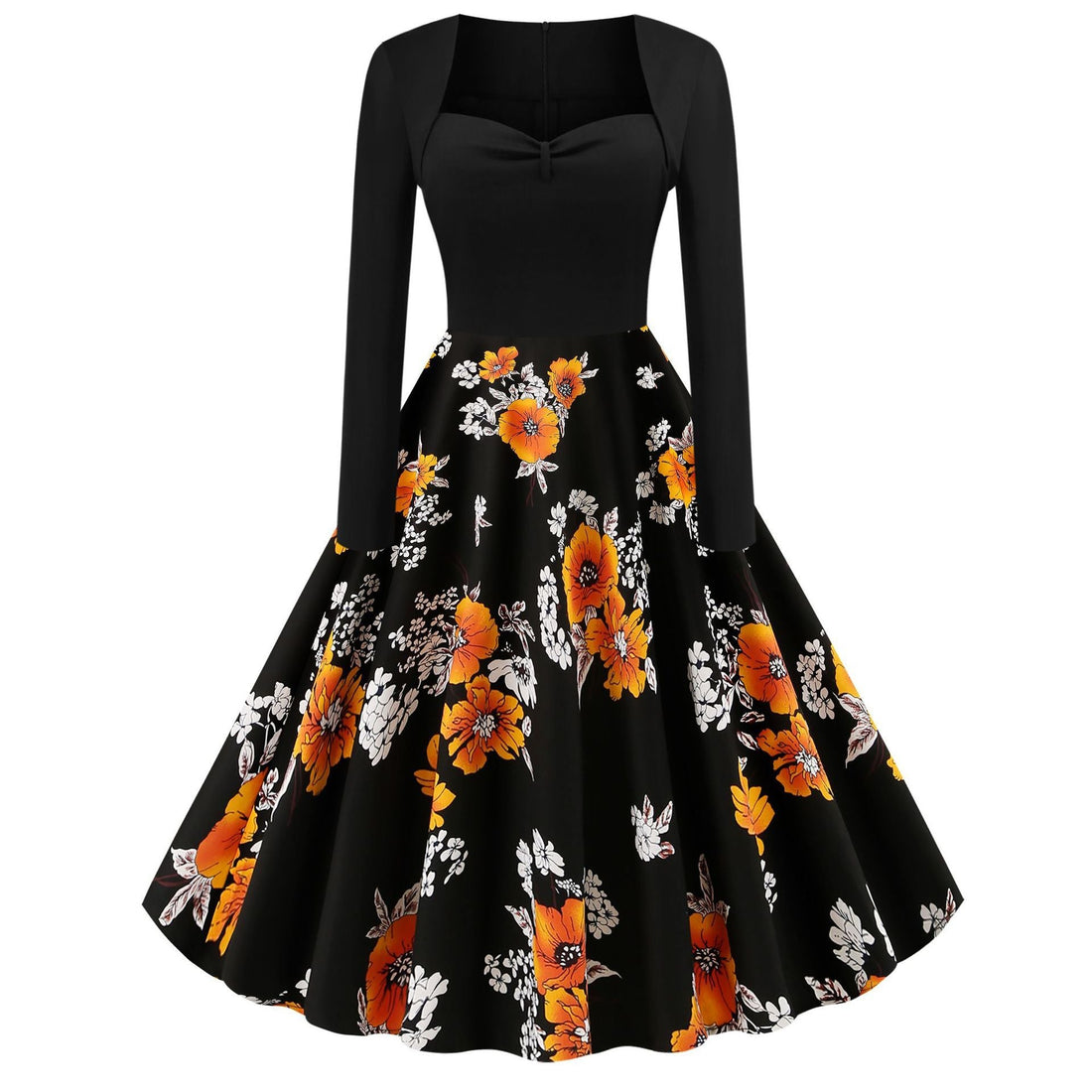 Vintage Long Sleeves Floral Print Dresses-Vintage Dresses-Red-S-Free Shipping at meselling99