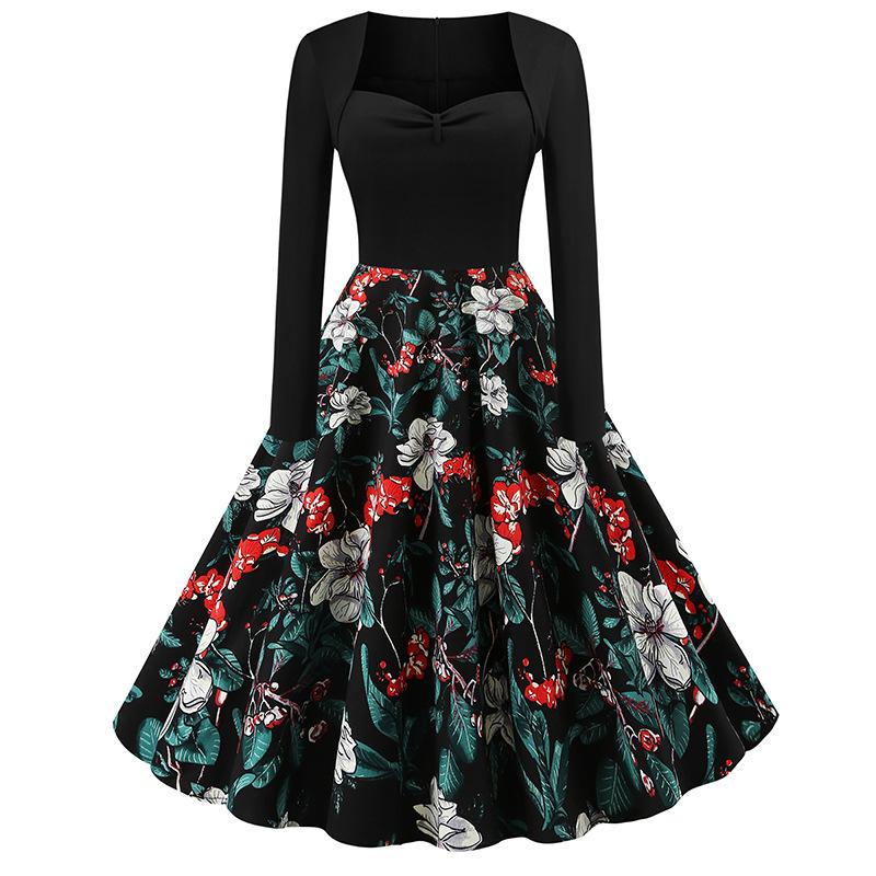 Vintage Long Sleeves Floral Print Dresses-Vintage Dresses-Green-S-Free Shipping at meselling99