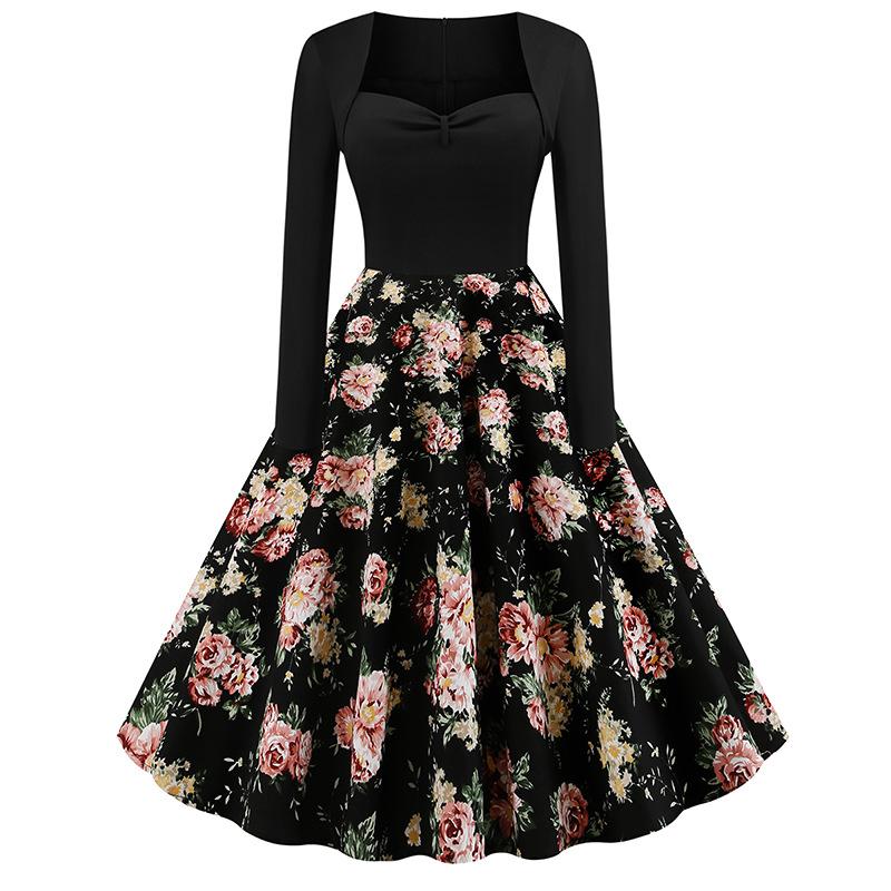 Vintage Long Sleeves Floral Print Dresses-Vintage Dresses-Pink-S-Free Shipping at meselling99