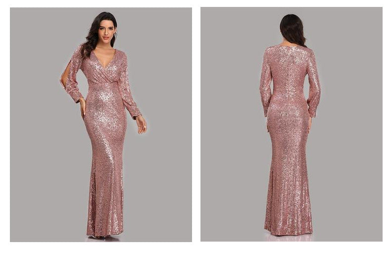 Sexy V Neck Sequined Mermaid Evening Dresses-Dresses-Free Shipping at meselling99