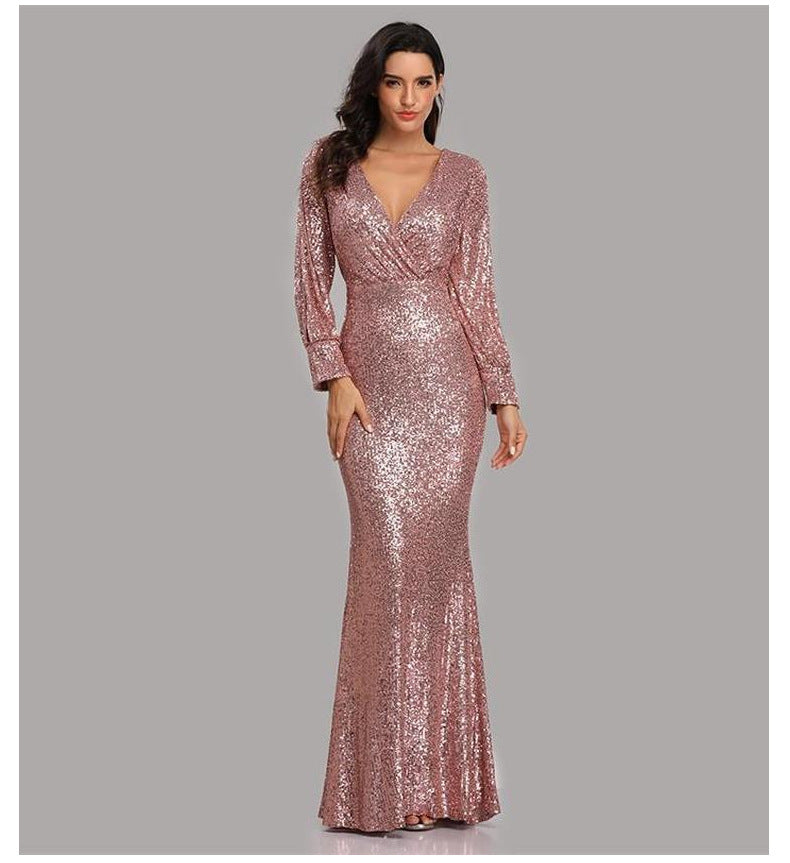 Sexy V Neck Sequined Mermaid Evening Dresses-Dresses-Free Shipping at meselling99