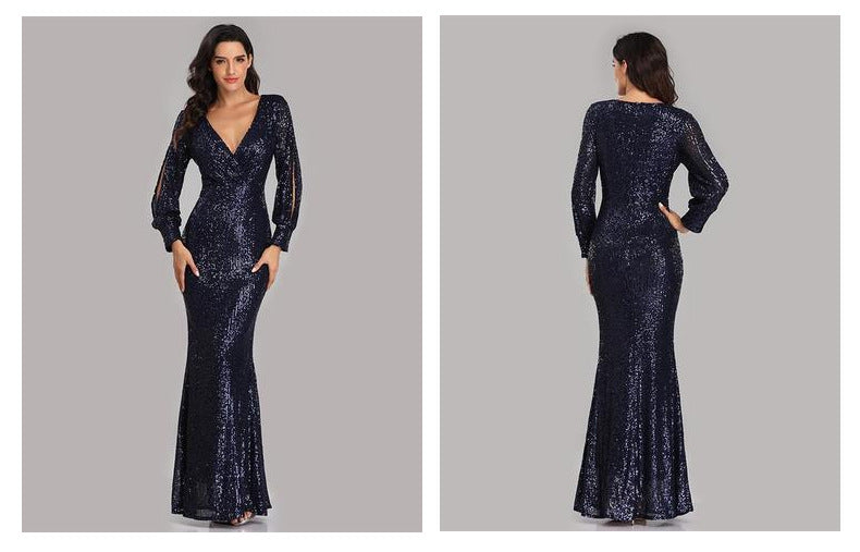 Sexy V Neck Sequined Mermaid Evening Dresses-Dresses-Free Shipping at meselling99