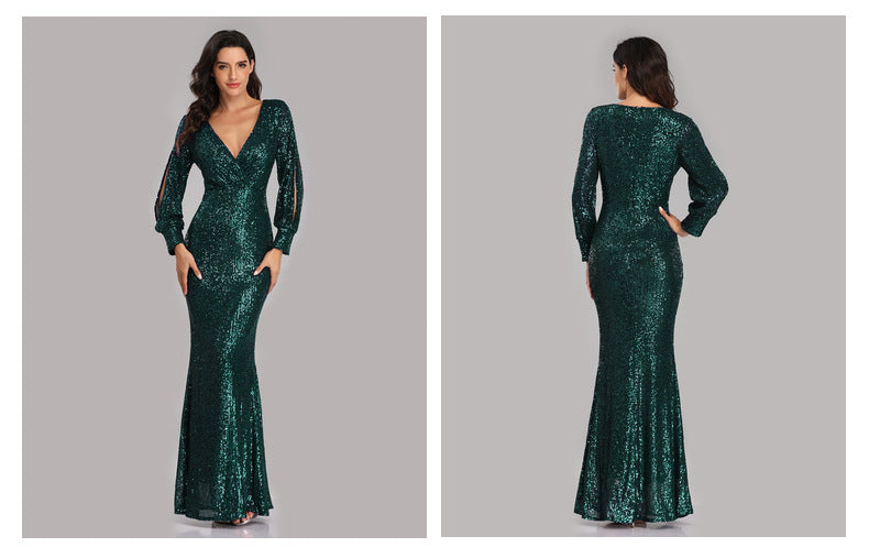 Sexy V Neck Sequined Mermaid Evening Dresses-Dresses-Free Shipping at meselling99