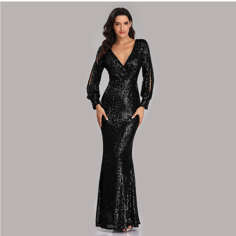 Sexy V Neck Sequined Mermaid Evening Dresses-Dresses-Free Shipping at meselling99