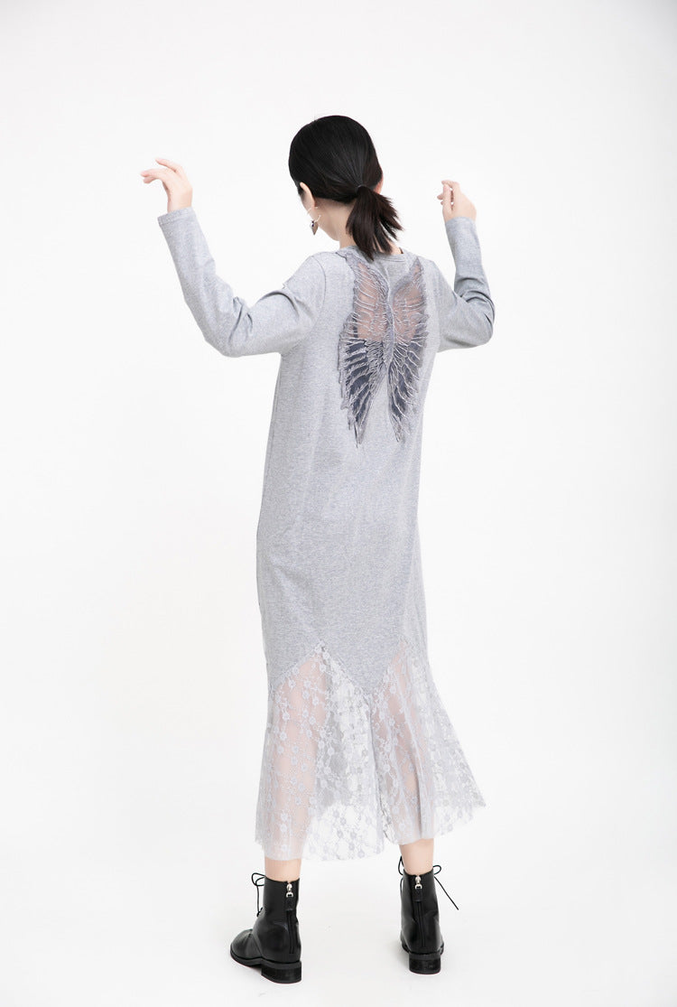 Women Angel Wings Lace Long Dresses-Maxi Dresses-Gray-One Size-Free Shipping at meselling99