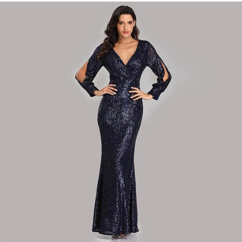 Sexy V Neck Sequined Mermaid Evening Dresses-Dresses-Free Shipping at meselling99