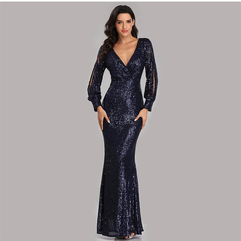 Sexy V Neck Sequined Mermaid Evening Dresses-Dresses-Free Shipping at meselling99