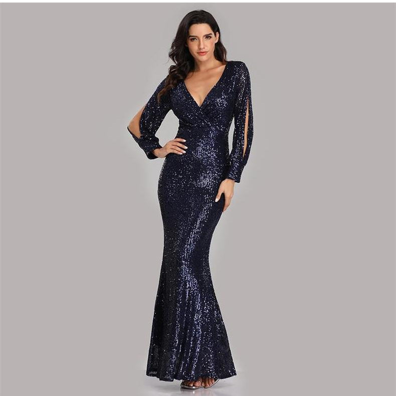 Sexy V Neck Sequined Mermaid Evening Dresses-Dresses-Free Shipping at meselling99