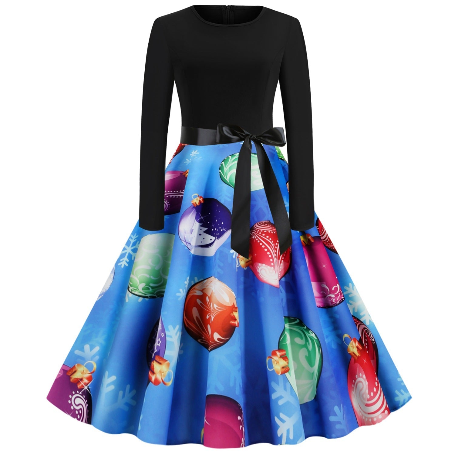 Women Christmas Round Neck Vintage Long Sleeves Dresses-Vintage Dresses-Blue-S-Free Shipping at meselling99