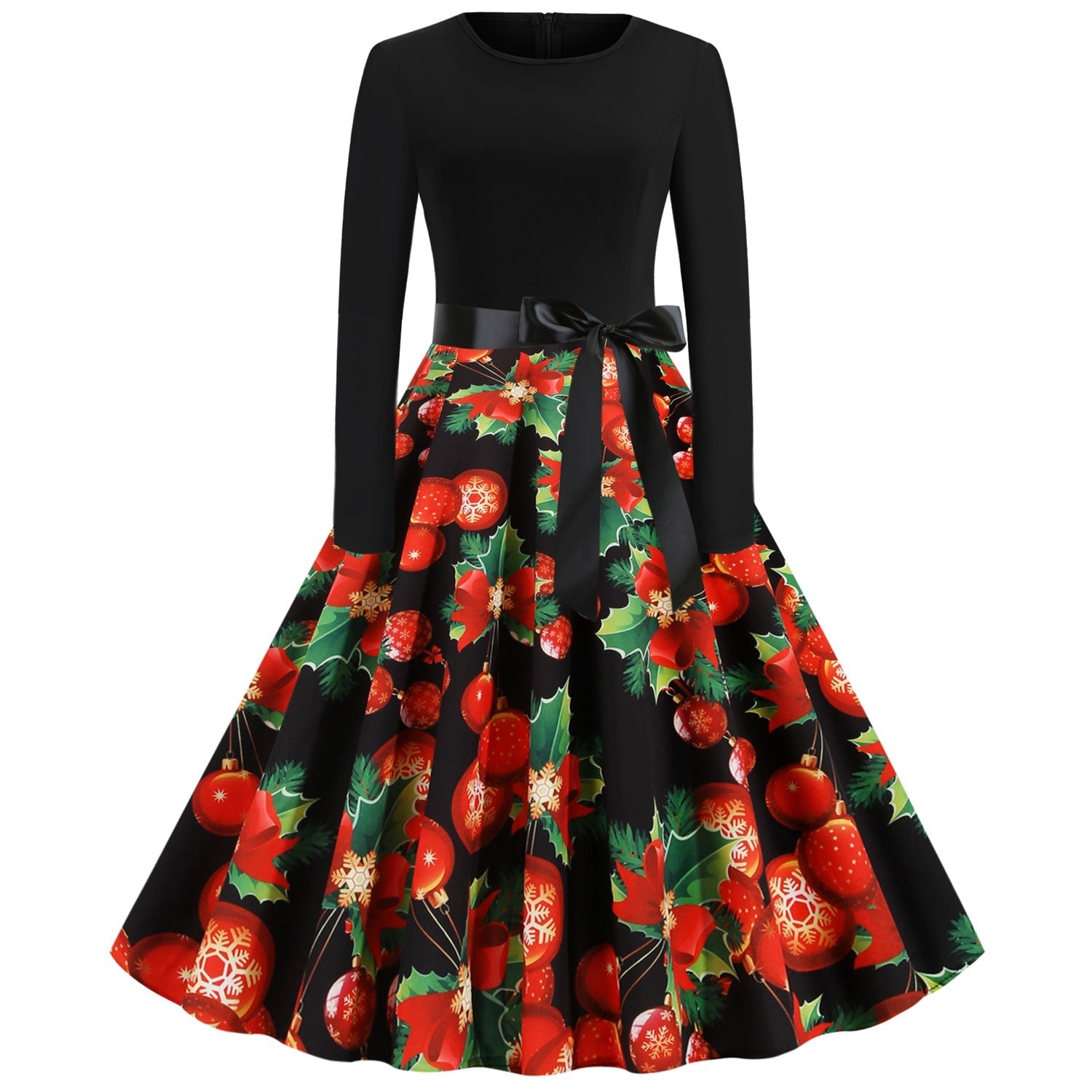 Vintage Christmas Plus Sizes Round Neck Long Sleeves Dresses-Black-S-Free Shipping at meselling99