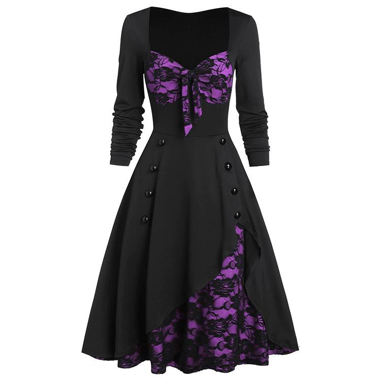 Vintage Middle Age Lace Long Sleeves Dresses for Women-Dresses-Purple-L-Free Shipping at meselling99