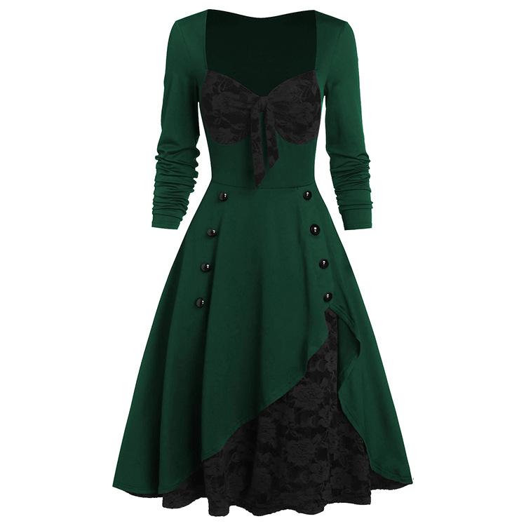 Vintage Middle Age Lace Long Sleeves Dresses for Women-Dresses-Green-L-Free Shipping at meselling99