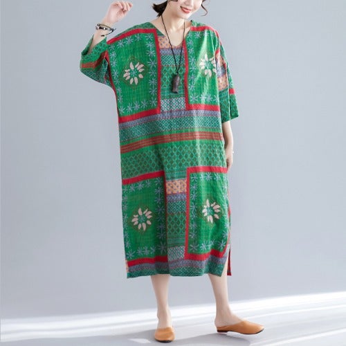 Ethnic Summer Linen Plus Sizes Dresses-Dresses-Green-One Size-Free Shipping at meselling99