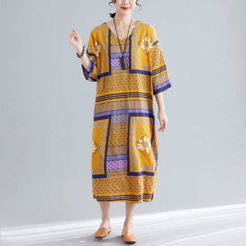 Ethnic Summer Linen Plus Sizes Dresses-Dresses-Yellow-One Size-Free Shipping at meselling99