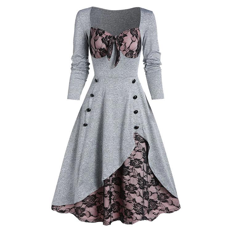 Vintage Middle Age Lace Long Sleeves Dresses for Women-Dresses-Gray-L-Free Shipping at meselling99