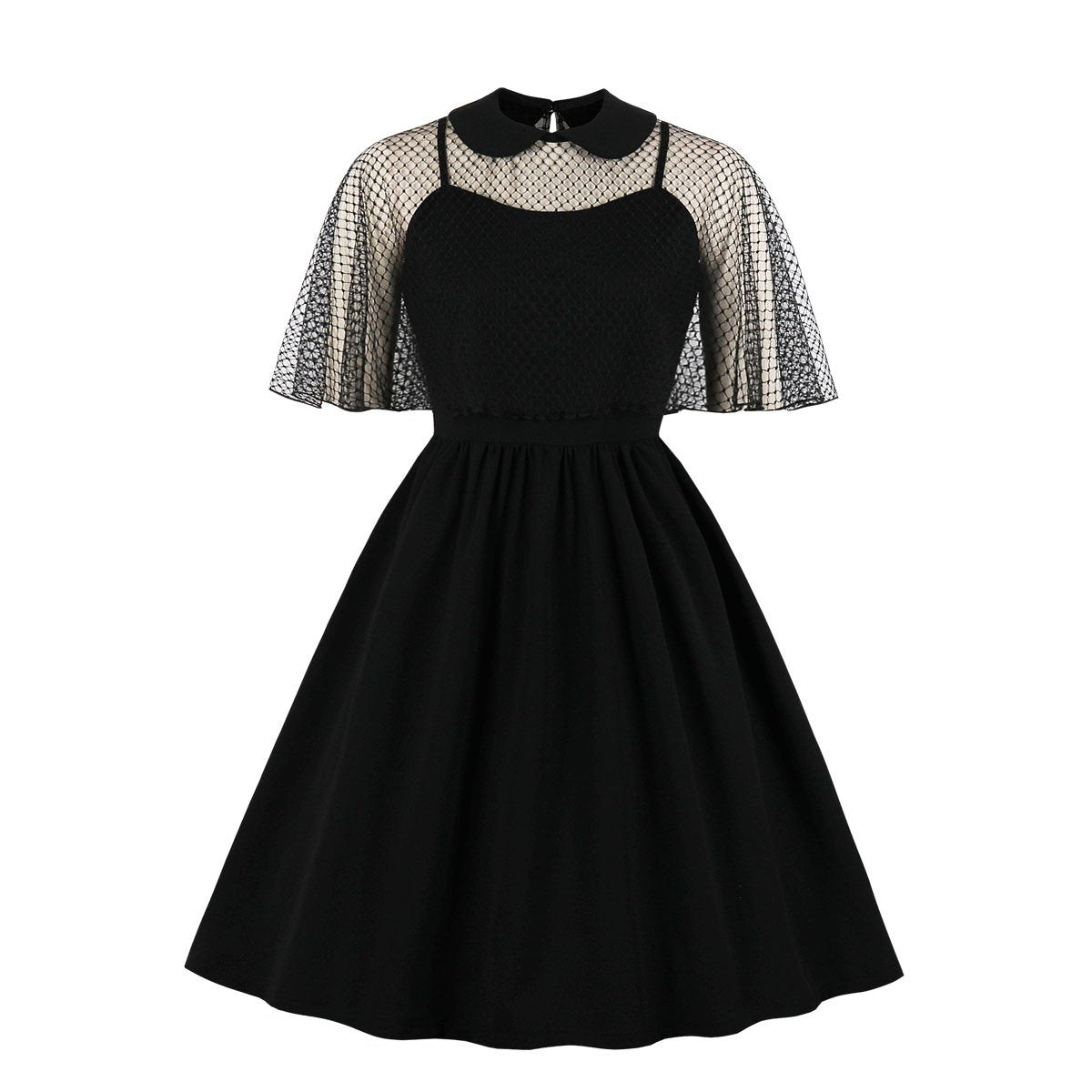 Retro Women Floral Print Net Short Sleeves Dresses-Vintage Dresses-Black-S-Free Shipping at meselling99