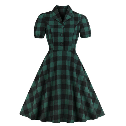 Women Short Sleeves Plaid Vintage Dresses-Vintage Dresses-Free Shipping at meselling99