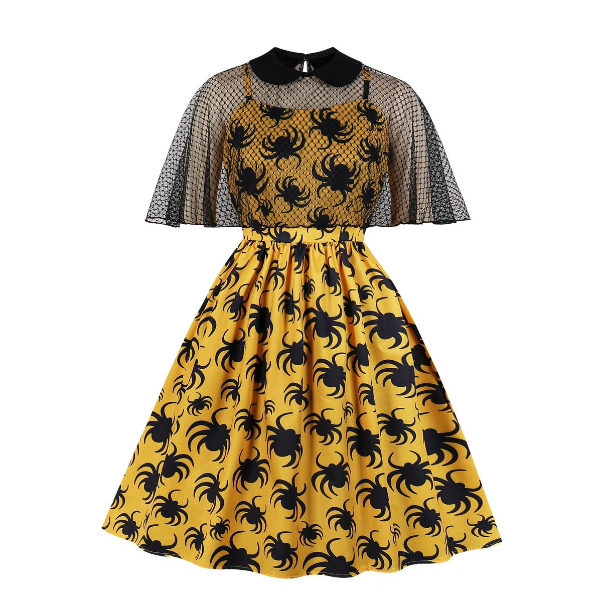 Retro Women Floral Print Net Short Sleeves Dresses-Vintage Dresses-Yellow-S-Free Shipping at meselling99