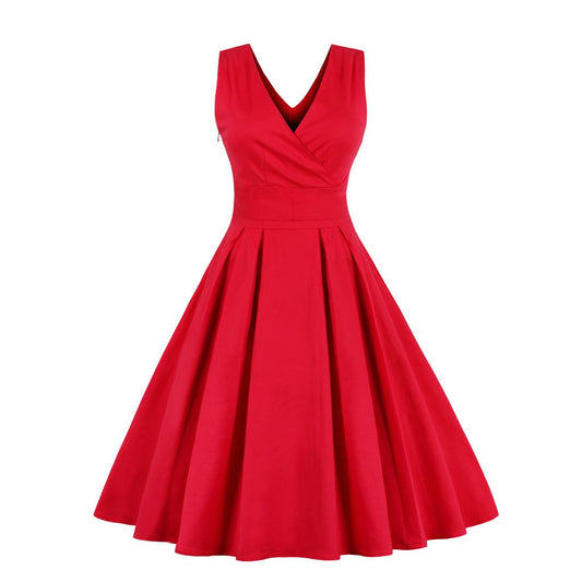 Red Vintage Elegant V Neck Ball Midi Length Dresses-Vintage Dresses-Free Shipping at meselling99