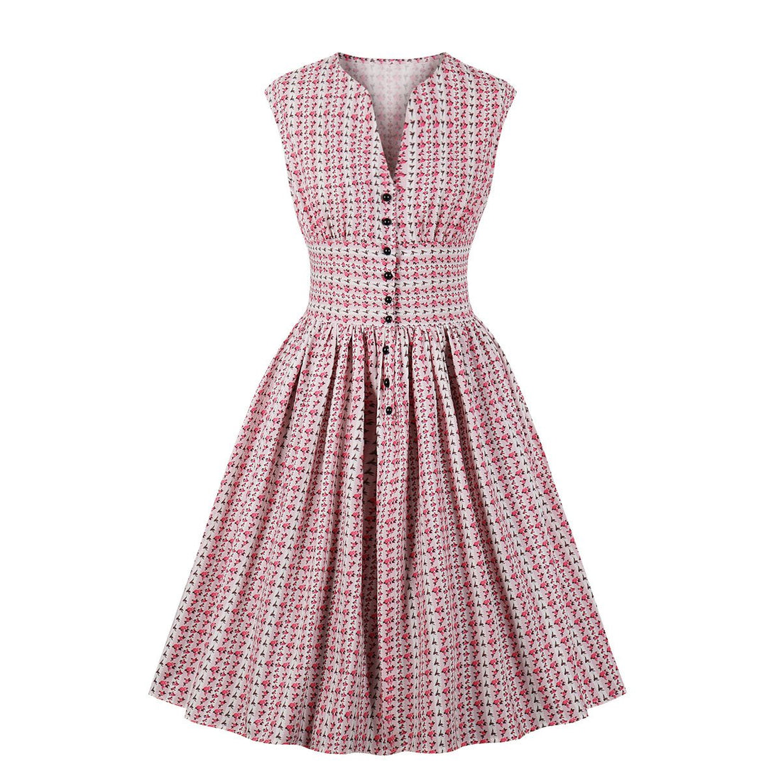 Women V Neck Floral Print High Waist Vintage Dresses with Button-Vintage Dresses-Free Shipping at meselling99