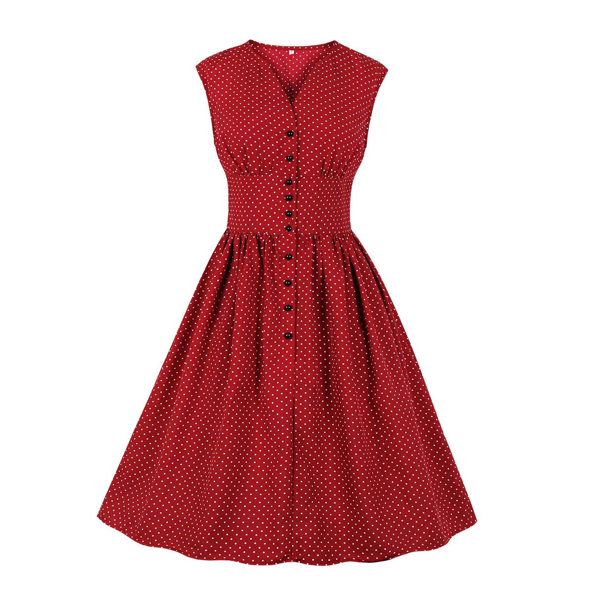 Women Sleeveless V Neck Dot Print Vintage Dresses with Buttons-Vintage Dresses-Free Shipping at meselling99