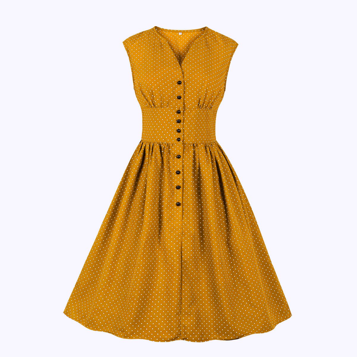 Women Sleeveless V Neck Dot Print Vintage Dresses with Buttons-Vintage Dresses-Yellow-S-Free Shipping at meselling99