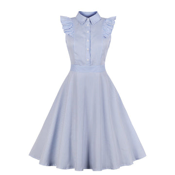 Women Plus Sizes Striped Ruffled Vintage Shirt Dresses-Vintage Dresses-Free Shipping at meselling99