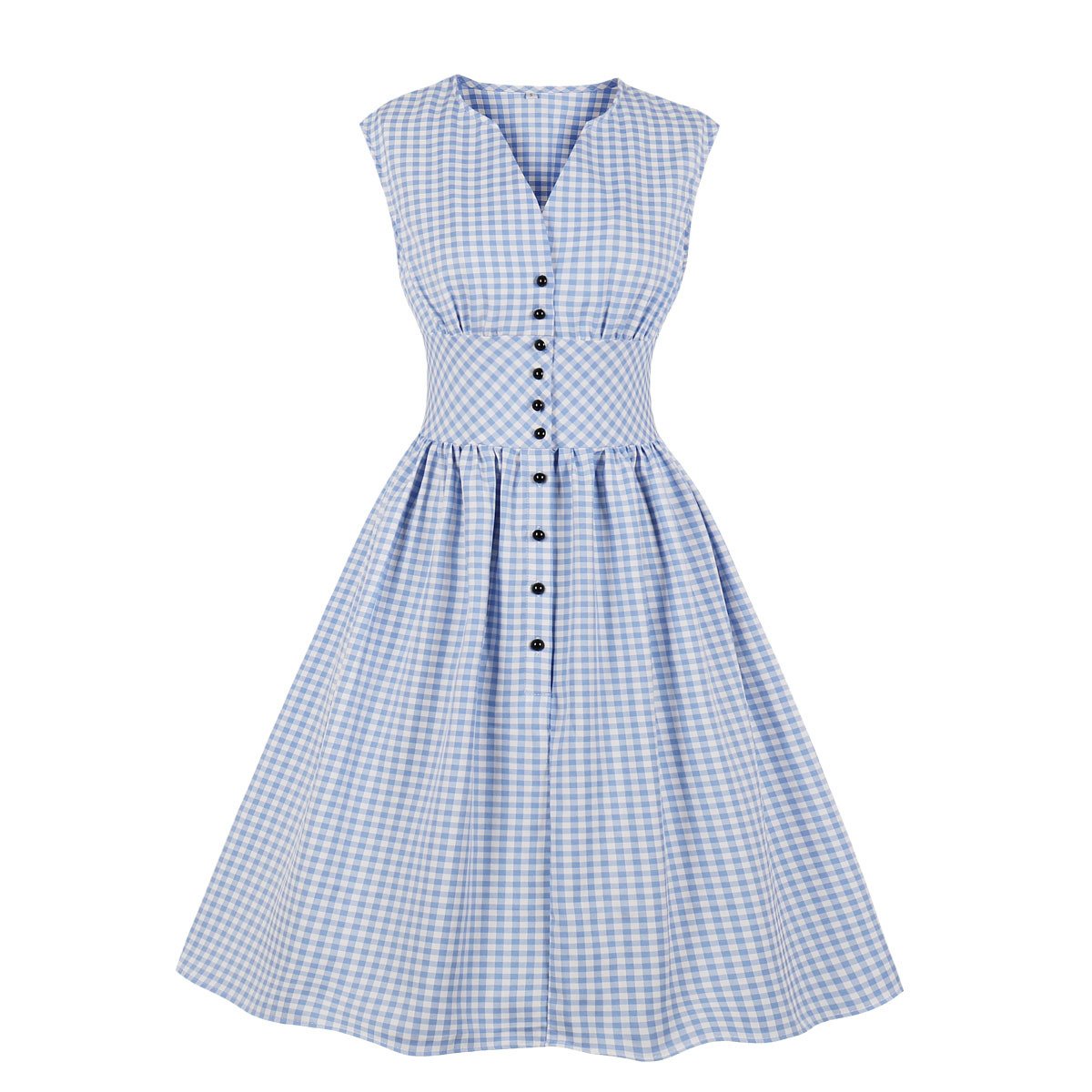 Vintage Button Floral Print High Waist Dresses-Vintage Dresses-Blue Plaid-S-Free Shipping at meselling99