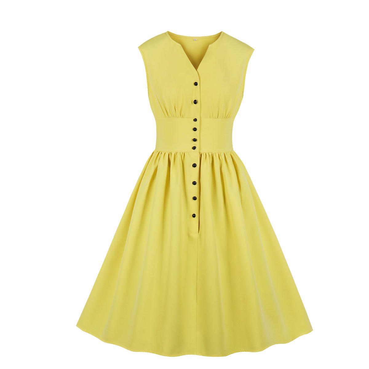 Vintage Button Floral Print High Waist Dresses-Vintage Dresses-Light Yellow-S-Free Shipping at meselling99