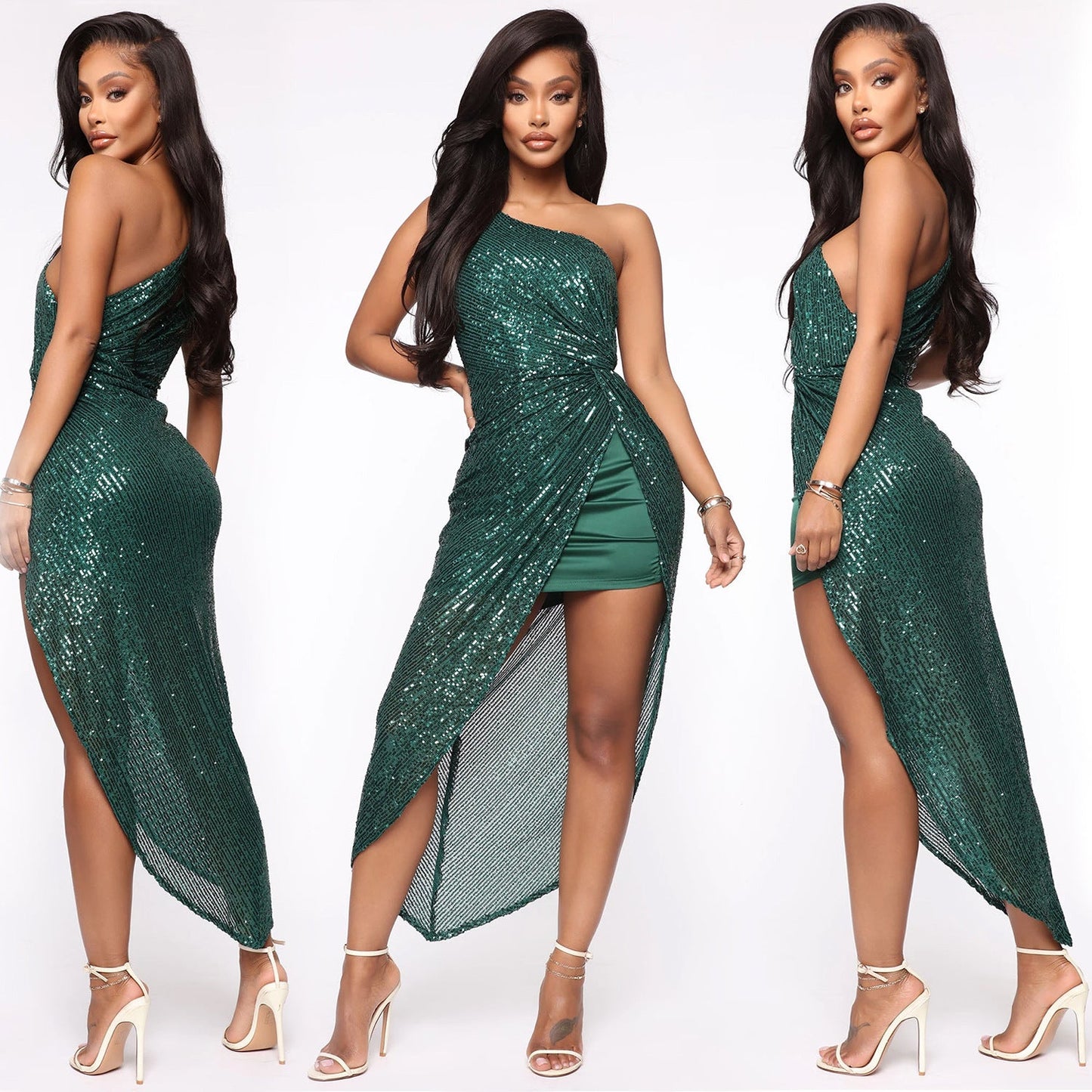 Sexy One Shoulder Sequined Irregular Party Dresses-Dresses-Free Shipping at meselling99