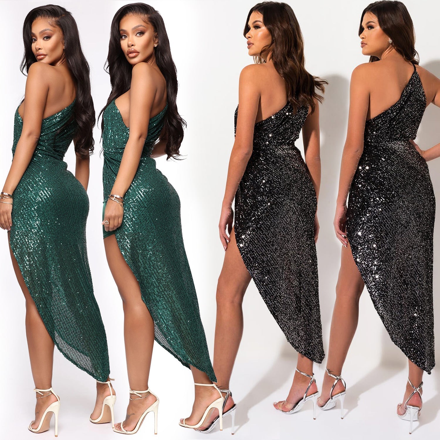 Sexy One Shoulder Sequined Irregular Party Dresses-Dresses-Free Shipping at meselling99