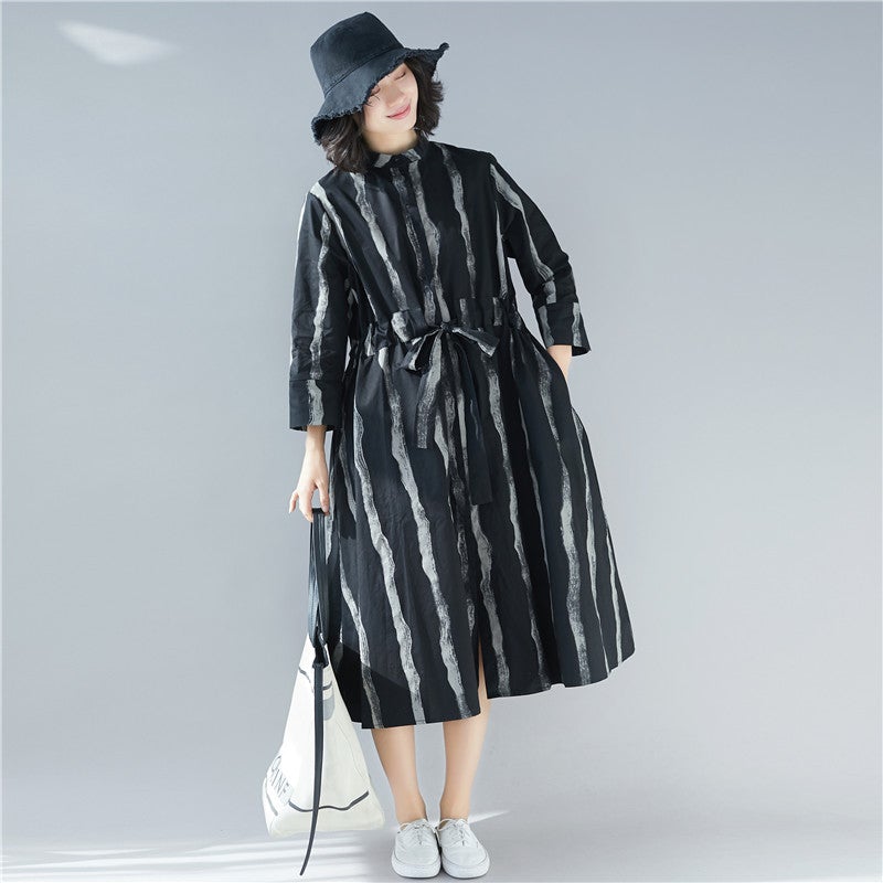 Black Linen Plus Sizes Shirt Midi Dresses-Dresses-Free Shipping at meselling99