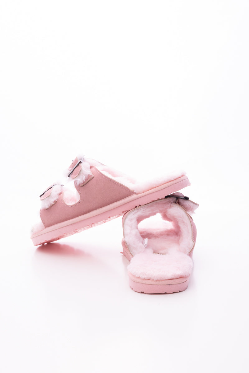 Woolen Lined Double Strap Suede Sandal - Pink