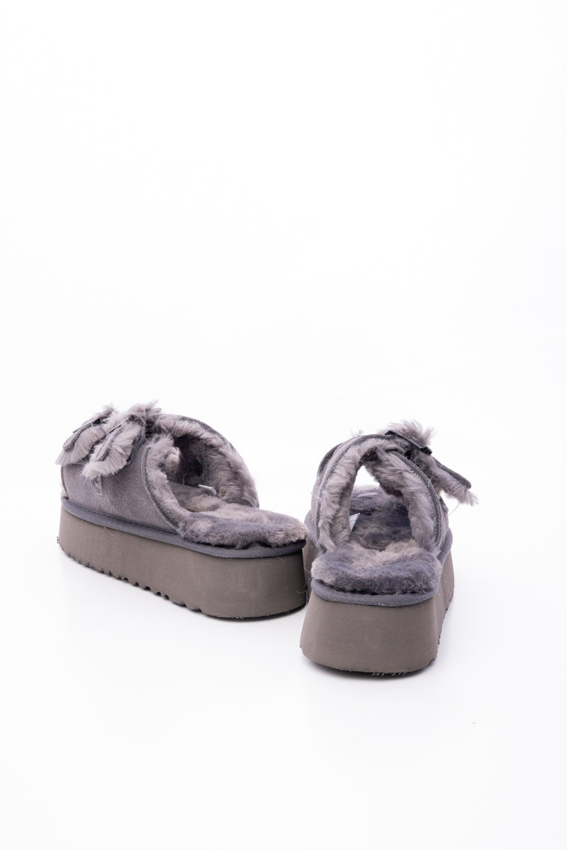 Woolen Suede Double Strap Platform Sandal - Grey