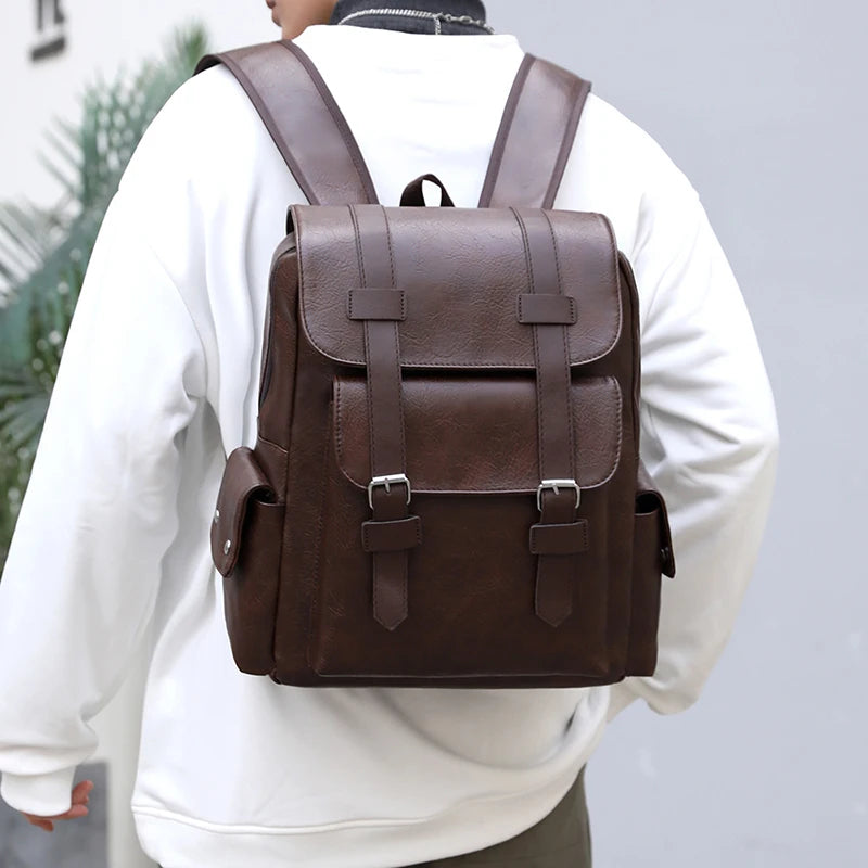 Stylish Men’s PU Leather Laptop Backpack – Large Capacity School & Travel Bag
