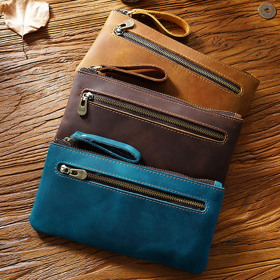 Retro Crazy Horse Leather Pencil Case - Creative Portable Hand Grip Buggy Bag
