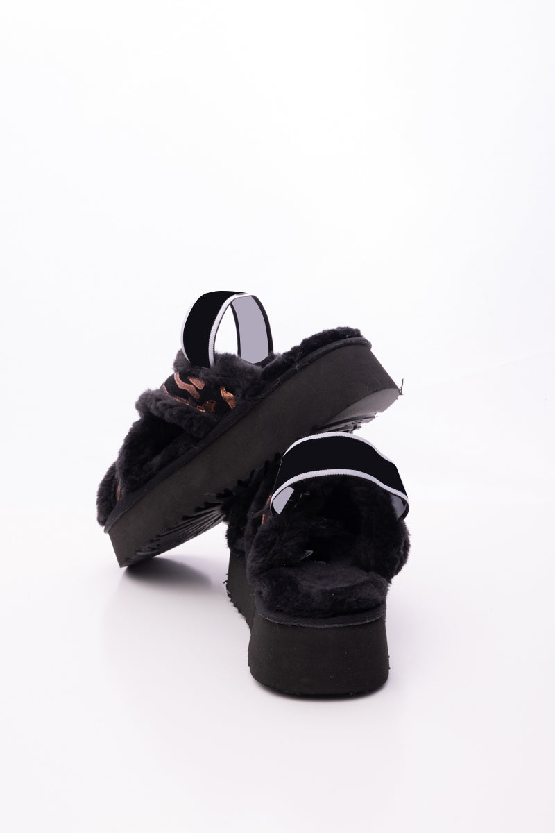 Roar Wool Lined Criss-Cross Strap Slipper - Black