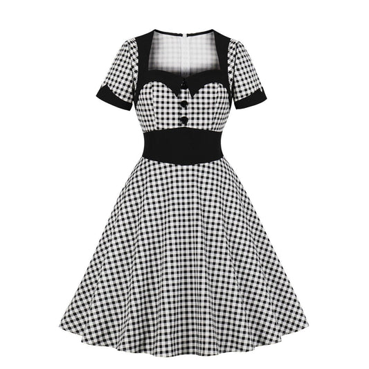 Women Plaid Vintage Square Neckline Short Sleeves Dresses-Vintage Dresses-Free Shipping at meselling99