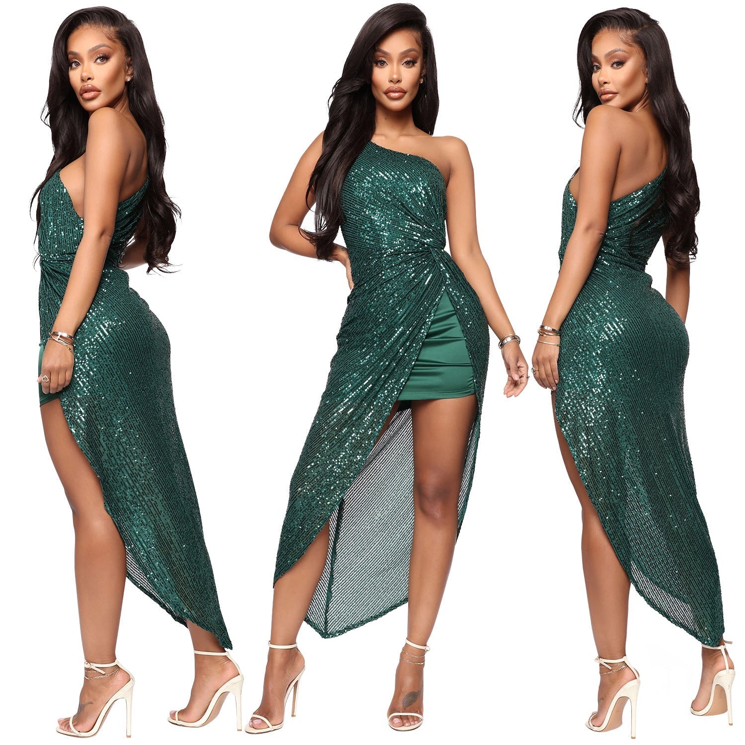 Sexy One Shoulder Sequined Irregular Party Dresses-Dresses-Green-S-Free Shipping at meselling99