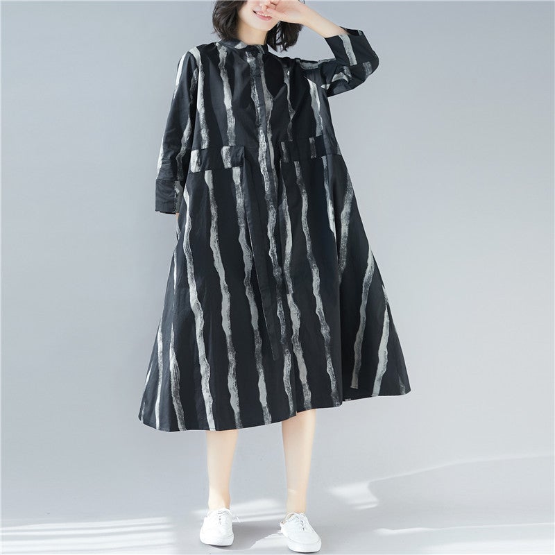 Black Linen Plus Sizes Shirt Midi Dresses-Dresses-Free Shipping at meselling99