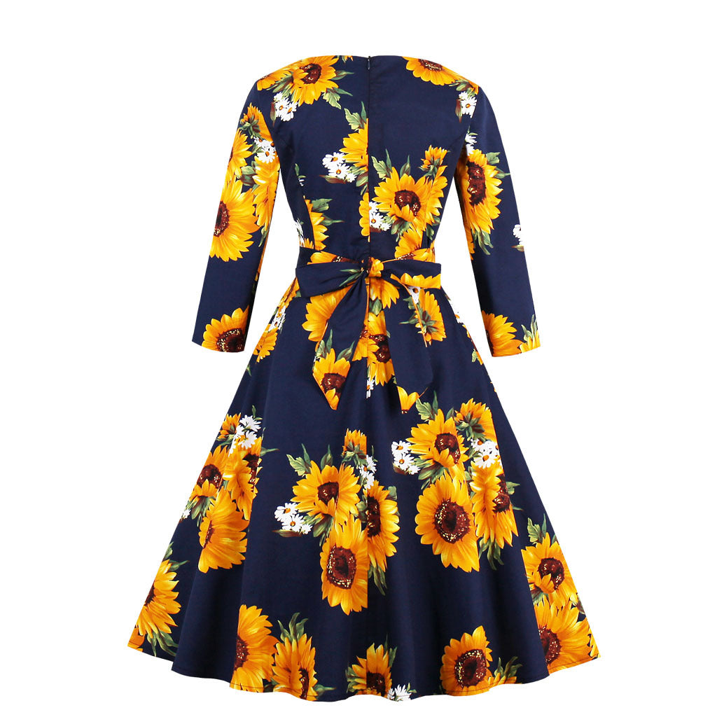 Vintage Women 3/4 Length Sleeves Sunflower Dresses-Vintage Dresses-Free Shipping at meselling99