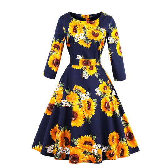 Vintage Women 3/4 Length Sleeves Sunflower Dresses-Vintage Dresses-Free Shipping at meselling99