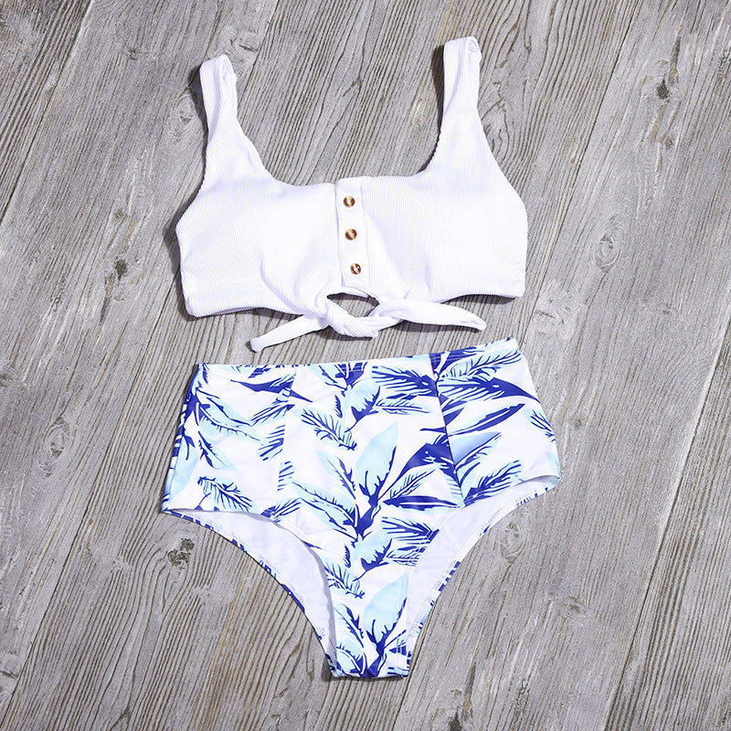 Sexy Women High Waist Leaf Print Two Pieces Swimsuits