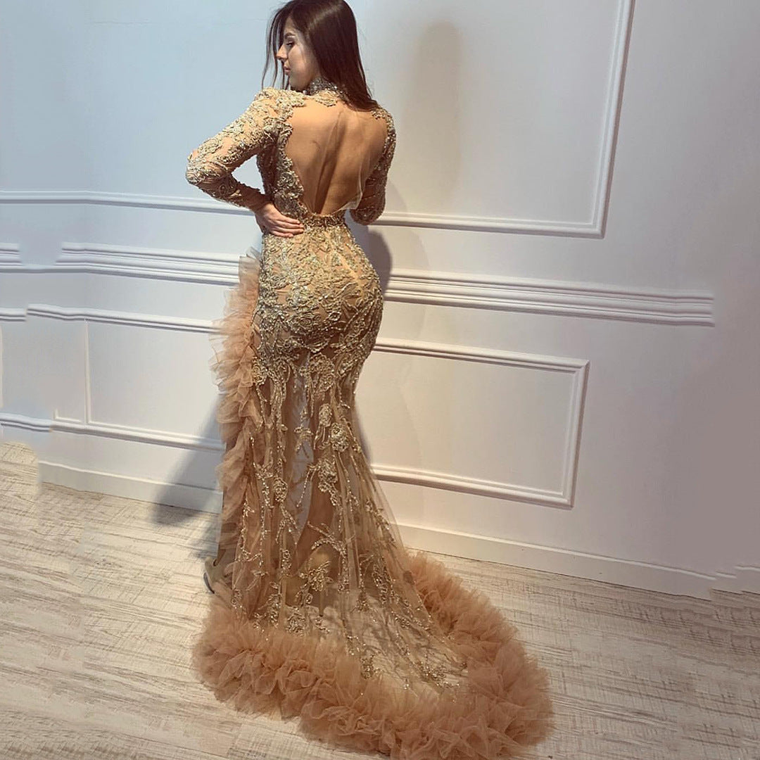 Gold Sexy Backless Mermaid Tail Long Party Dresses-Maxi Dresses-Free Shipping at meselling99