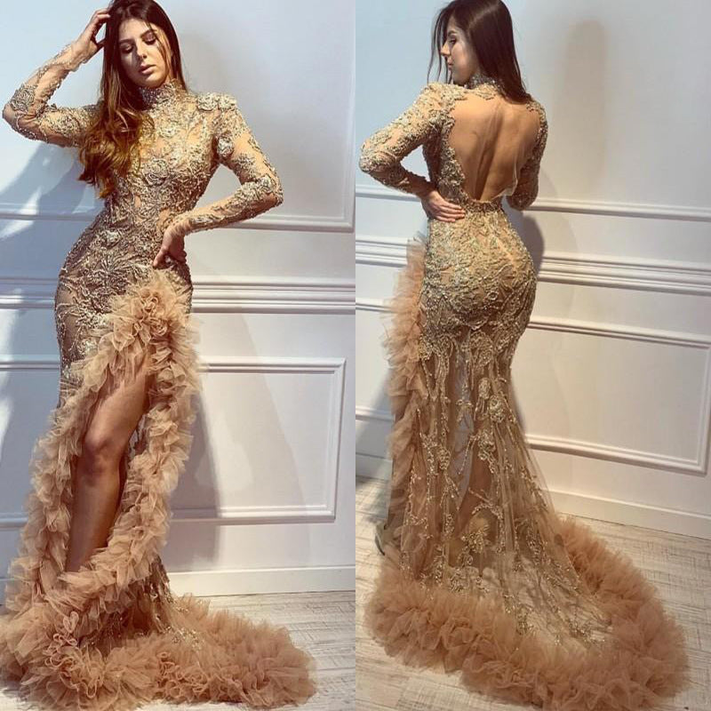 Gold Sexy Backless Mermaid Tail Long Party Dresses-Maxi Dresses-Gold-S-Free Shipping at meselling99