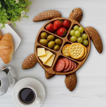 Turtle-Shaped Pine Wood Fruit Bowl & Snack Tray