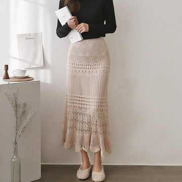 Women's High-Waisted Loose Fit Plus-Size Crochet Lace Knitted Midi Pencil Skirt
