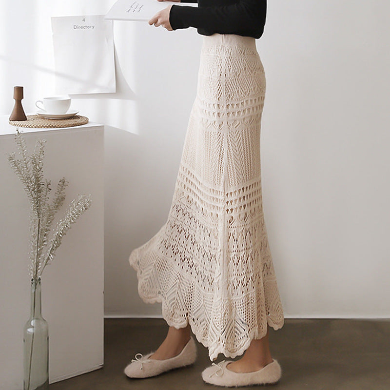 Women's High-Waisted Loose Fit Plus-Size Crochet Lace Knitted Midi Pencil Skirt