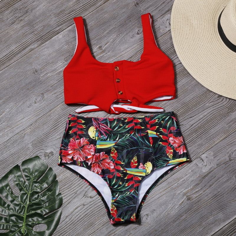 Sexy Women High Waist Leaf Print Two Pieces Swimsuits